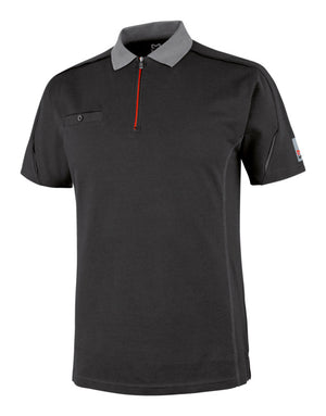 Anthrazitfarbenes Arbeitspoloshirt mit Polokragen und knöpfbarer Leiste aus dehnbarem Material.