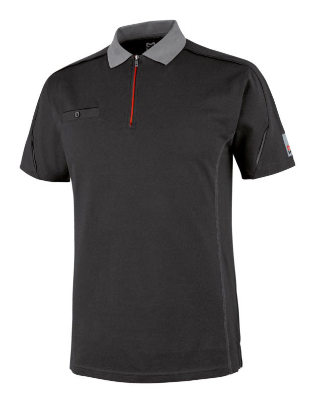 Anthrazitfarbenes Arbeitspoloshirt mit Polokragen und knöpfbarer Leiste aus dehnbarem Material.