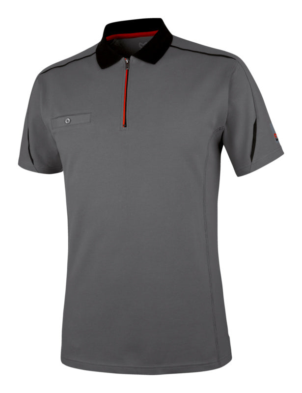 Grau Arbeitspoloshirt mit Kragen, Knopfleiste und elastischem Material für Bewegungsfreiheit.