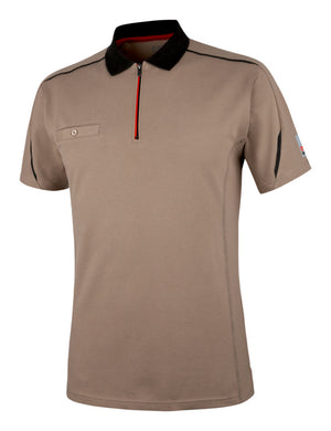 Beiges Arbeitspoloshirt mit Stretchmaterial, Polo-Kragen und Knopfleiste für flexible Bewegung.