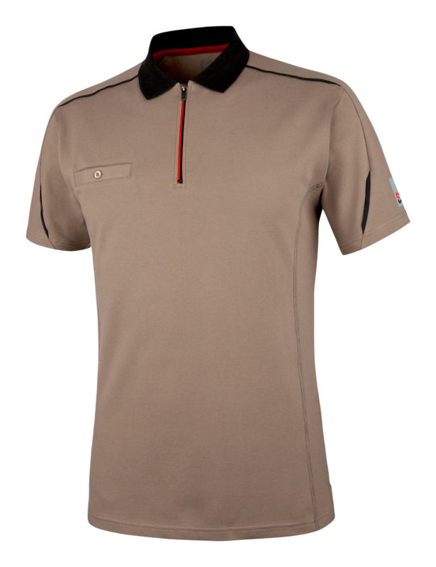 Beige Arbeitspoloshirt mit Polokragen, kurzen Ärmeln und dehnbarem, atmungsaktivem Material.