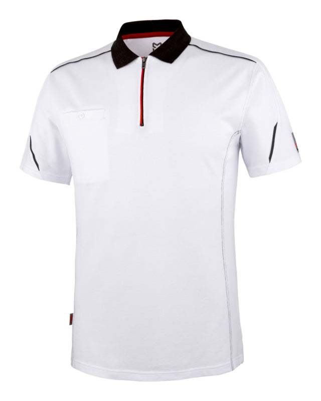 Weißes Arbeitspoloshirt aus Stretchmaterial mit ergonomischem Design und schlichtem Kragen.
