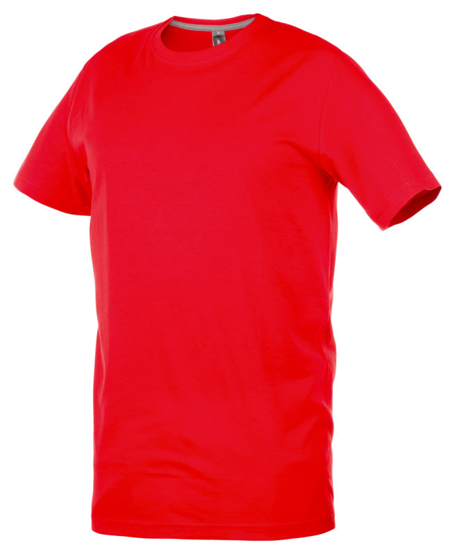 Rotes Arbeitsshirt mit Rundhalsausschnitt und verstärkten Nähten aus atmungsaktiver Baumwollmischung.