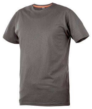 Graues Arbeitsshirt mit kurzen Ärmeln, runder Halsausschnitt und Reflexionstechnologie.