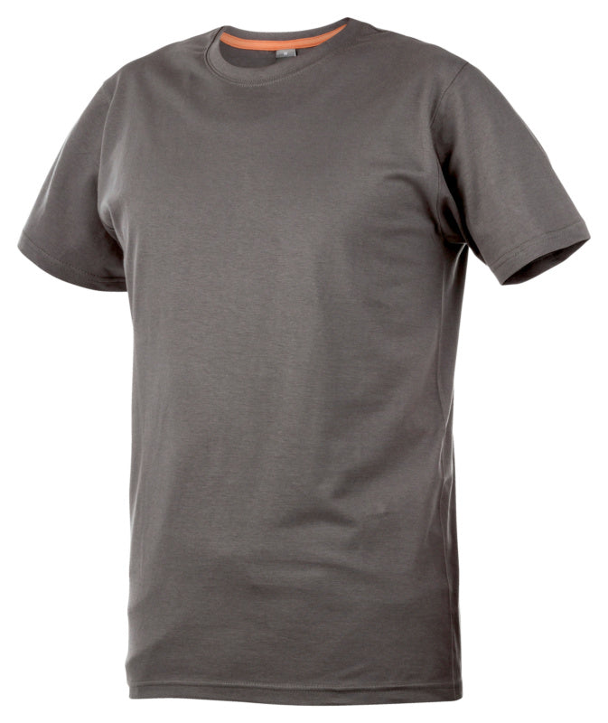 Graues Arbeitsshirt mit kurzen Ärmeln, runder Halsausschnitt und Reflexionstechnologie.