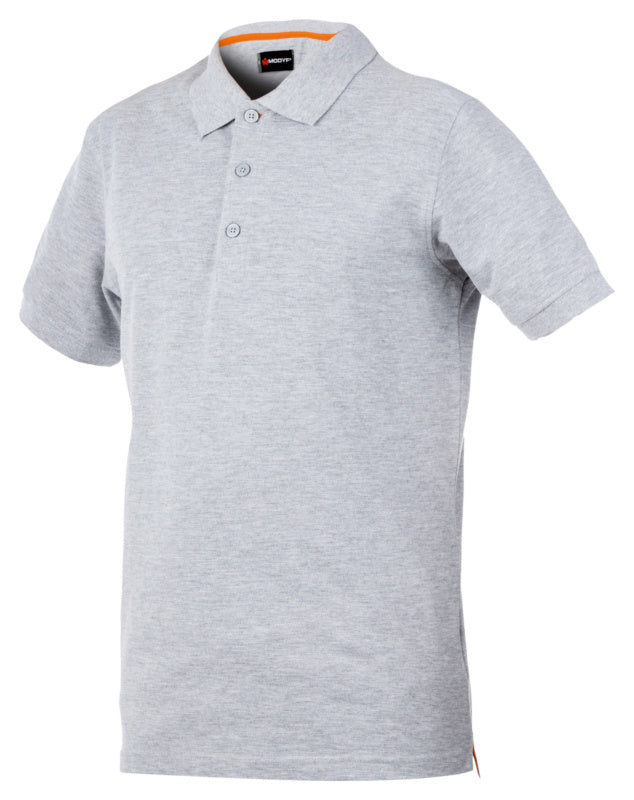 Graues Arbeitspoloshirt mit Kurzärmeln, modischem Kragen und atmungsaktiven Einsätzen.