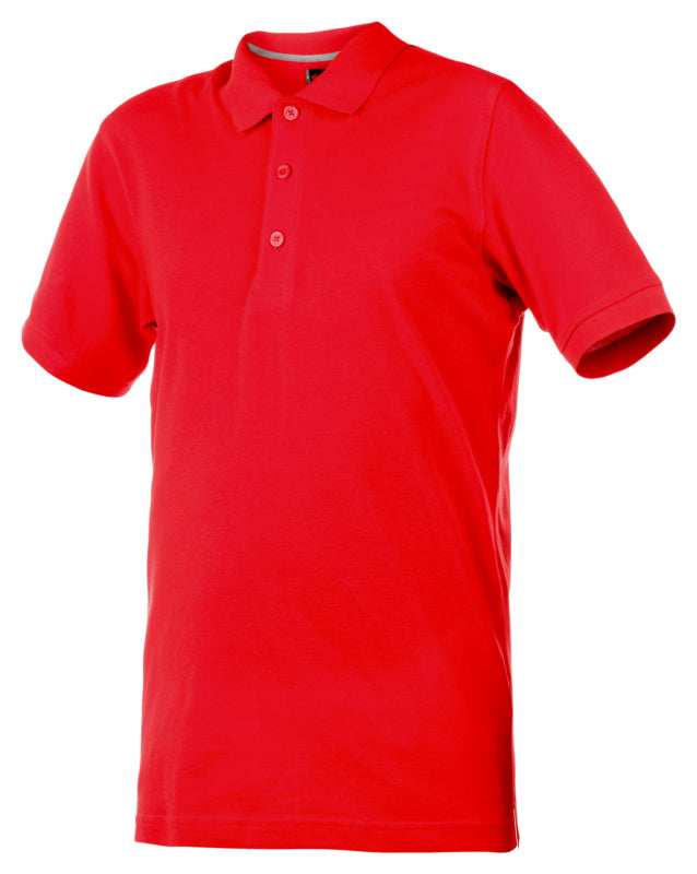 Rotes Arbeitspoloshirt mit klassischem Kragen und kurzen Ärmeln aus Baumwoll-Polyester-Mix.