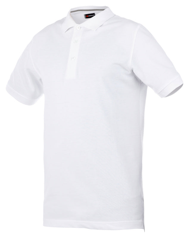 Weißes Arbeitspoloshirt mit klassischem Kragen und Knopfleiste in slim-fit Schnittführung.