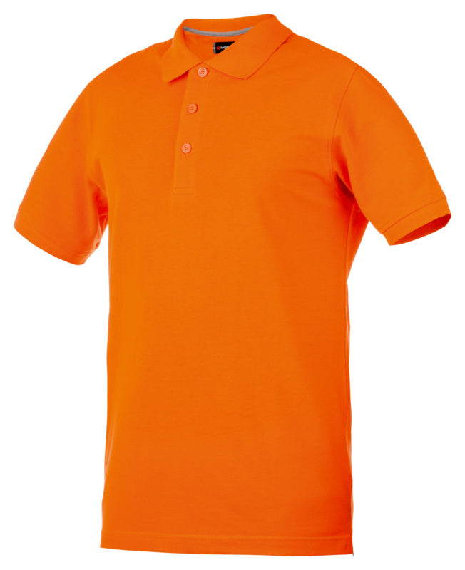 Oranges Arbeitspoloshirt mit Kragen und Knopfleiste aus strapazierfähigem Polyester-Baumwoll-Mix.