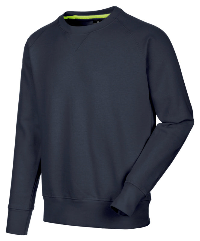 Dunkelblauer Arbeitspullover mit Rundhalsausschnitt und elastischen Bündchen für Komfort.