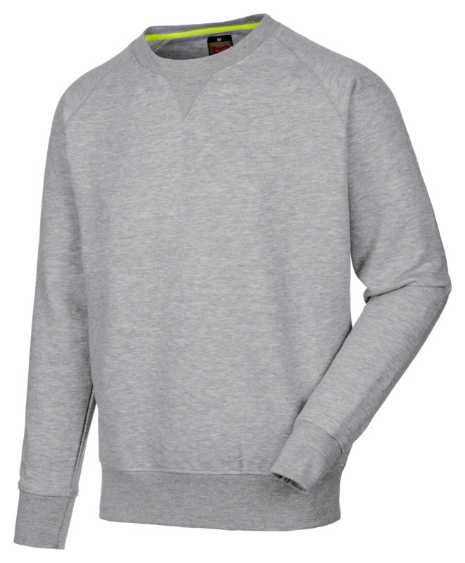 Grauer Arbeitspullover mit Kängurutasche, elastischen Bündchen und langlebiger Baumwollmischung.