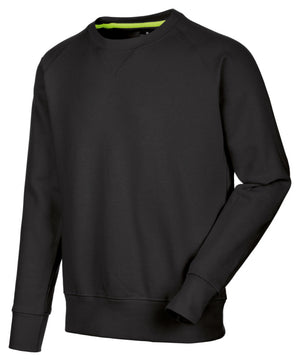 Schwarzer Arbeitspullover mit Rundhalsausschnitt und Kängurutasche für Komfort und Stil.