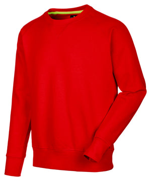 Roter Arbeitspullover mit Kängurutasche, elastischem Saum und verstellbaren Bündchen.