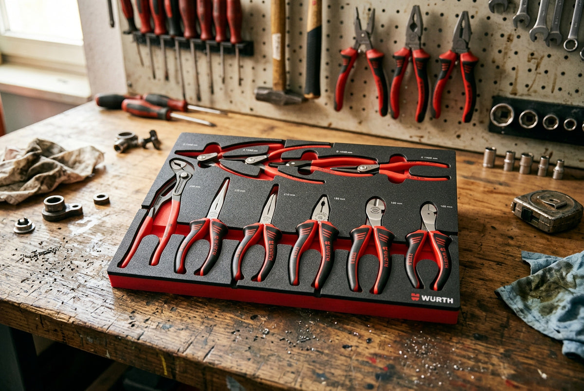 Set mit zehn ergonomischen Werkzeugen für Handwerk und DIY, inklusive Zangen und Greifwerkzeugen.