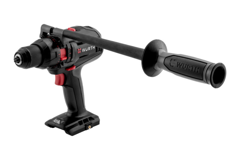 Akku-Schlagbohrschrauber SHLGBOSHRBR mit LED-Beleuchtung und ergonomischem Griff in Schwarz und Rot.