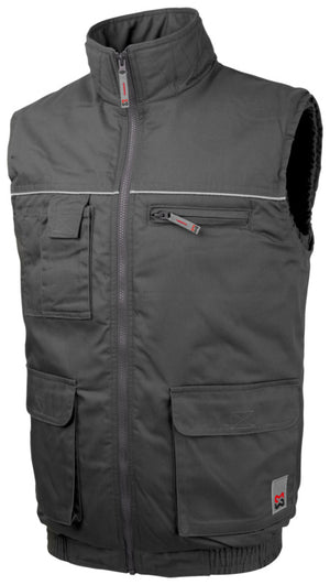 Graue Arbeitsweste mit Taschen und Reißverschluss für Funktionalität und Beweglichkeit.