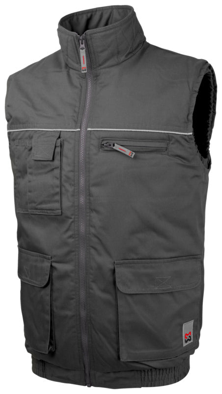 Graue Arbeitsweste mit Taschen und Reißverschluss für Funktionalität und Beweglichkeit.