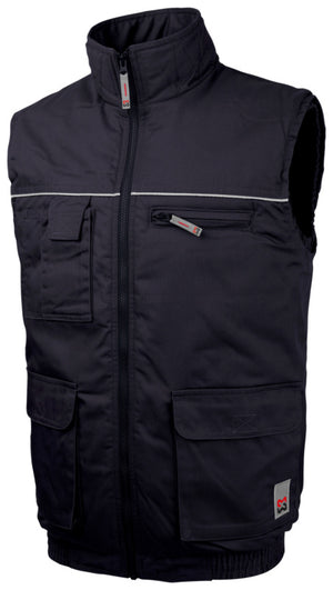 Blaue Arbeitsweste mit mehreren Taschen und verstellbarer Taille aus robustem, leichtem Material.