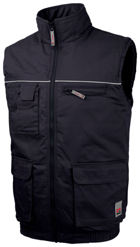 Blaue Arbeitsweste mit mehreren Taschen und verstellbarer Taille aus robustem, leichtem Material.