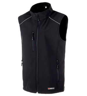 Schwarze Softshell Arbeitsweste mit praktischen Taschen und elastischem Stoff für Bewegungsfreiheit.