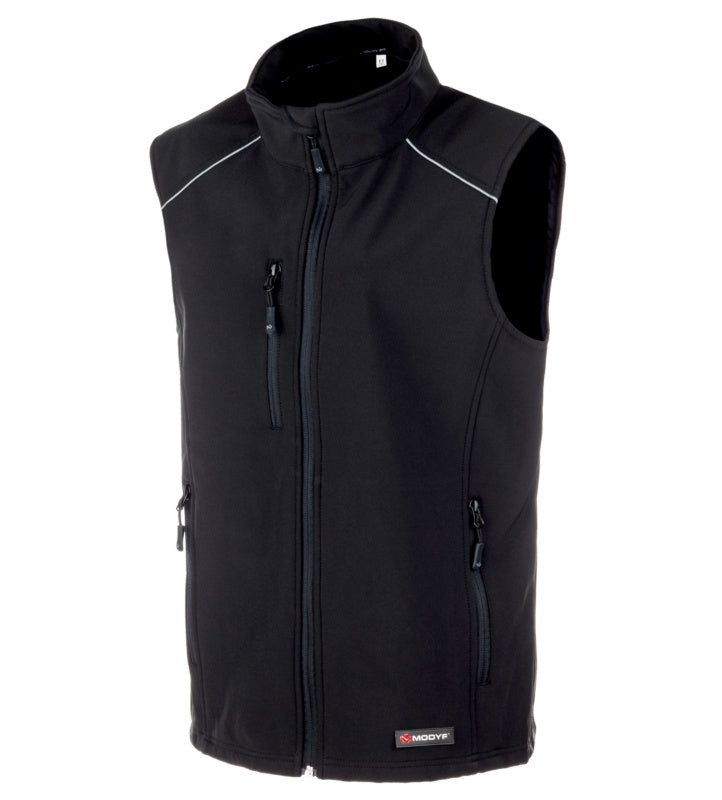 Schwarze Softshell Arbeitsweste mit praktischen Taschen und elastischem Stoff für Bewegungsfreiheit.