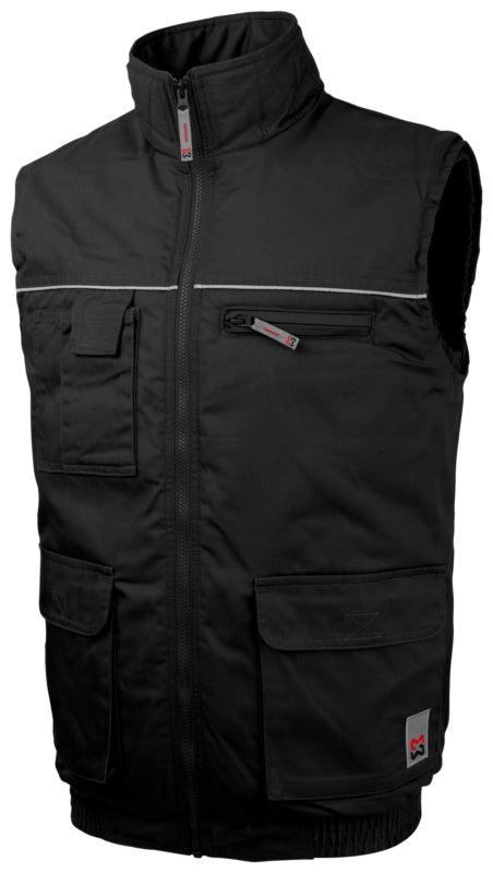 Schwarze Arbeitsweste mit reflektierenden Elementen und mehreren praktischen Taschen.