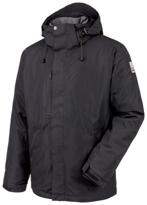 Schwarze Wetterschutzjacke 3-in-1 mit abnehmbarer Innenjacke und verstellbaren Ärmelbündchen.