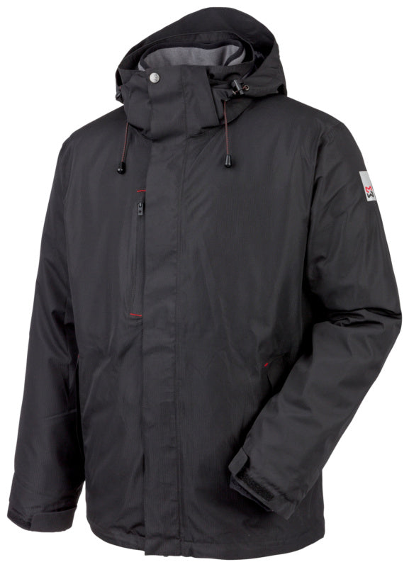 Schwarze Wetterschutzjacke 3-in-1 mit abnehmbarer Innenjacke und verstellbaren Ärmelbündchen.