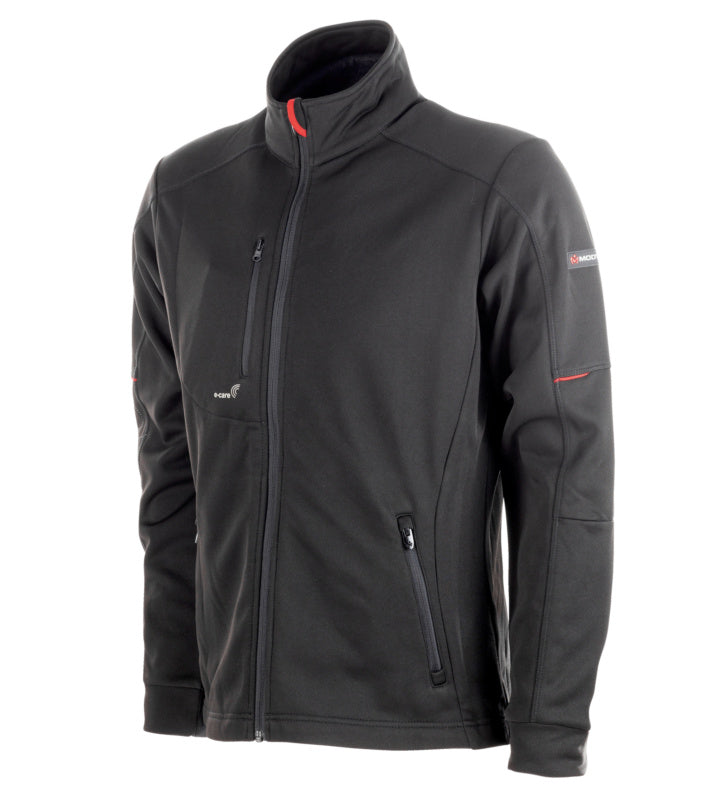 Schwarze Fleecejacke mit durchgehendem Reißverschluss und elastischen Bündchen für Komfort.