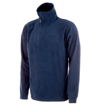 Blauer Arbeitspullover aus Fleece mit Half-Zip und elastischem Stehkragen.
