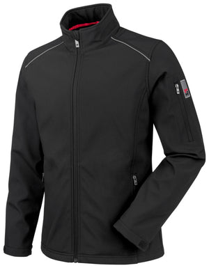 Schwarze Softshell-Arbeitsjacke mit Reißverschluss und mehreren Taschen in moderner Passform.