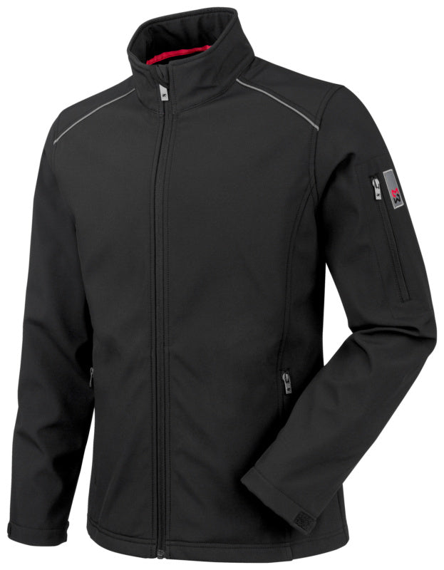 Schwarze Softshell-Arbeitsjacke mit Reißverschluss und mehreren Taschen in moderner Passform.