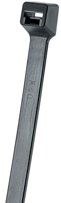 Schwarzer Kabelbinder aus robustem Kunststoff mit Kunststoffzunge zur Kabelorganisation.