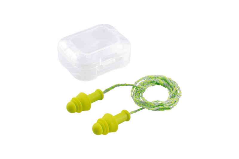 Vier Einheiten Gehörschutzstöpsel mit flexiblem Band aus hypoallergenem Material in Grau.