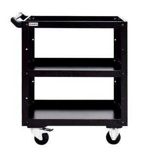 Montagewagen in Schwarz mit mehreren Ablageflächen und stabilen Rollen für Werkzeuge.