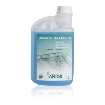 1L bottle of Anios Clean Excel D, a cleaning and disinfecting solution for various surfaces.