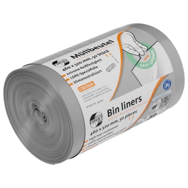 Graue Müllbeutel aus LDPE, 30L, 500x600mm, 50 Stück pro Rolle.