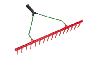 Gartenrechen aus Stahl mit ergonomischem Holzgriff und flexiblen Zinken zum Laubrechen.