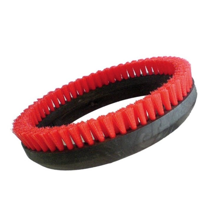 Ein runder, roter Bürstenring aus Kunststoff mit schwarzem Gummi.