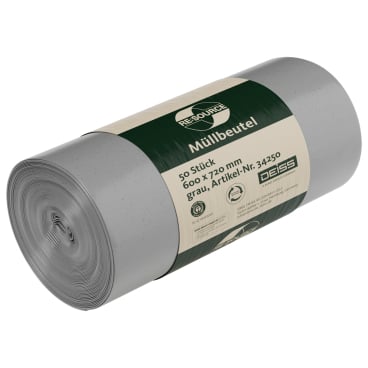 Graue Müllbeutel aus HDPE, 50 Stück pro Rolle.