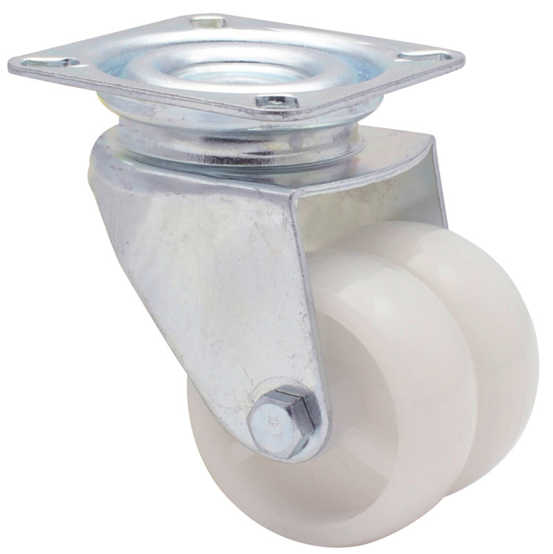 Zwei Apparaterollen mit 50 mm Durchmesser, robust und leicht, mit integriertem Bremssystem.