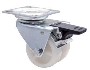 Zwei robuste Apparaterollen aus Polypropylen mit 50 mm Durchmesser und 50 kg Tragkraft.