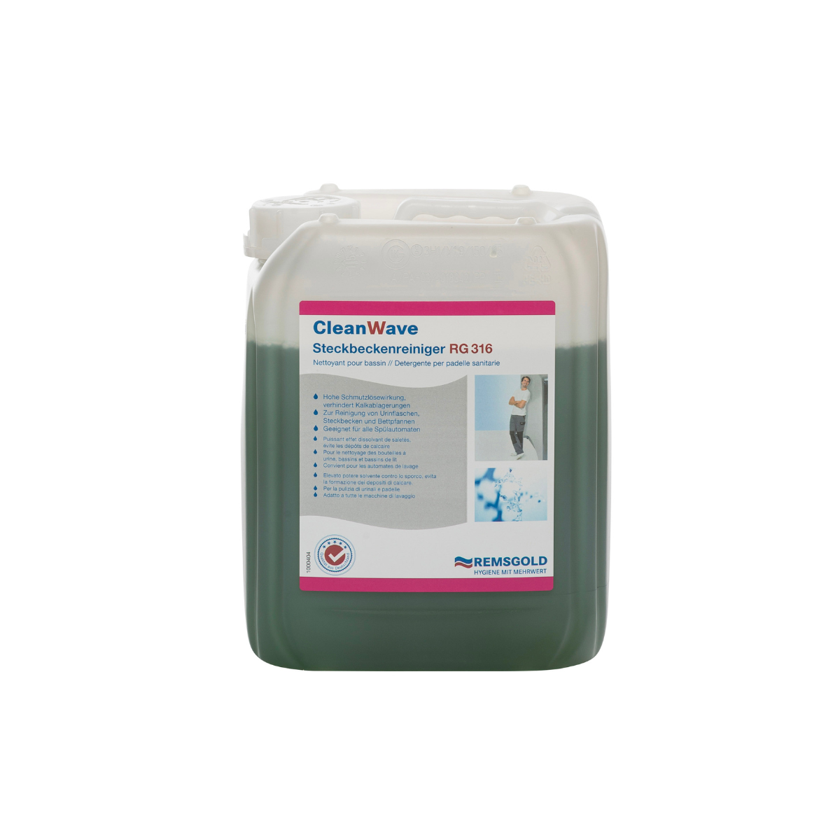 CLW Steckbeckenreiniger RG 316 in einem 5kg Kanister mit stabiler Auslaufhahn.