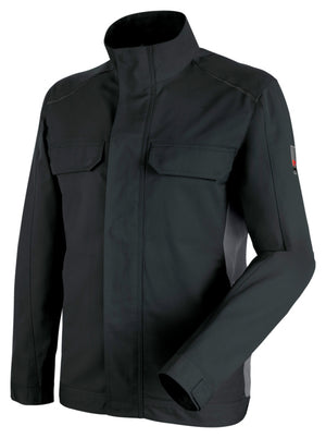 Anthrazit-graue Bundjacke mit Kapuze, Reißverschluss und verstellbaren Ärmelbündchen.