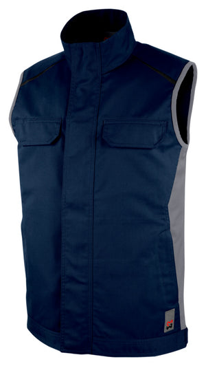 Dunkelblaue und graue Arbeitsweste mit vielen Taschen und verstellbarem Reißverschluss.