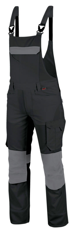 Arbeitslatzhose CETUS in Anthrazit und Grau mit verstellbaren Trägern und mehreren Taschen.