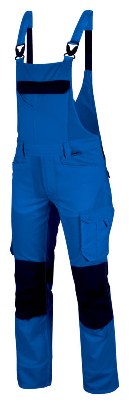 Arbeitslatzhose CETUS in Royalblau und Schwarz mit verstellbaren Trägern und praktischen Taschen.