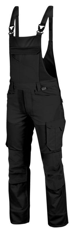 Schwarze Arbeitslatzhose Cetus mit verstellbaren Trägern, verstärkten Knien und mehreren Taschen.