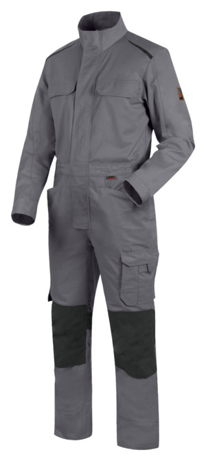 Arbeitsoverall CETUS in Grau und Anthrazit mit Taschen, verstellbaren Ärmeln und flexiblem Bund.