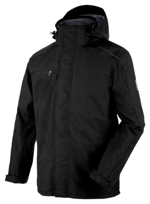 Schwarze Wetterschutzjacke CETUS mit verstellbarer Kapuze und praktischen Taschen.